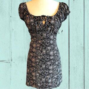 90s Vintage Jessica Slinky Mini Milkmaid Dress Coquette Black And White Floral